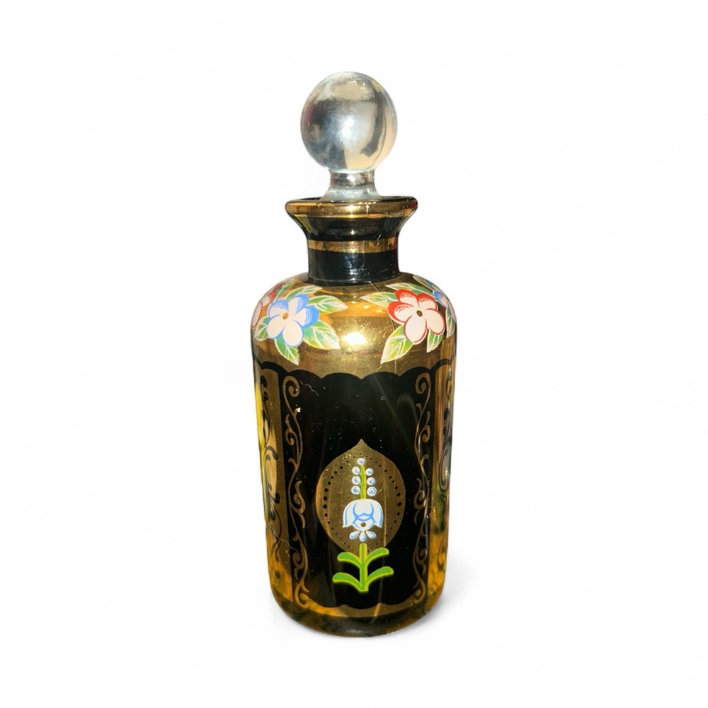 Vintage Czech Bohemia Black Glass Enamel Gold Guild Glass Stopper Perfume Bottle